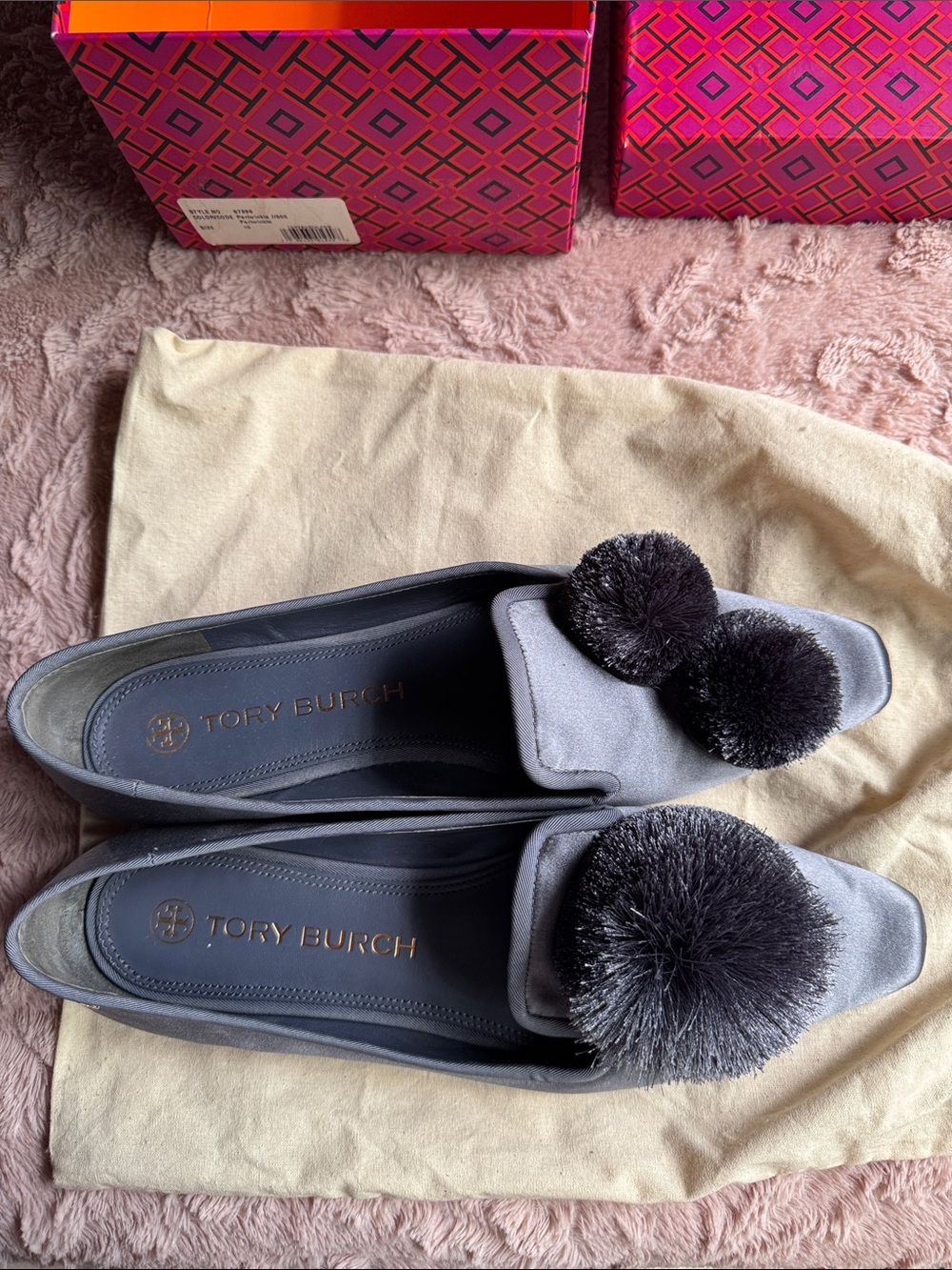 Tory Burch Slate Gray Leather Pom-Pom Loafers - Picture 6 of 14